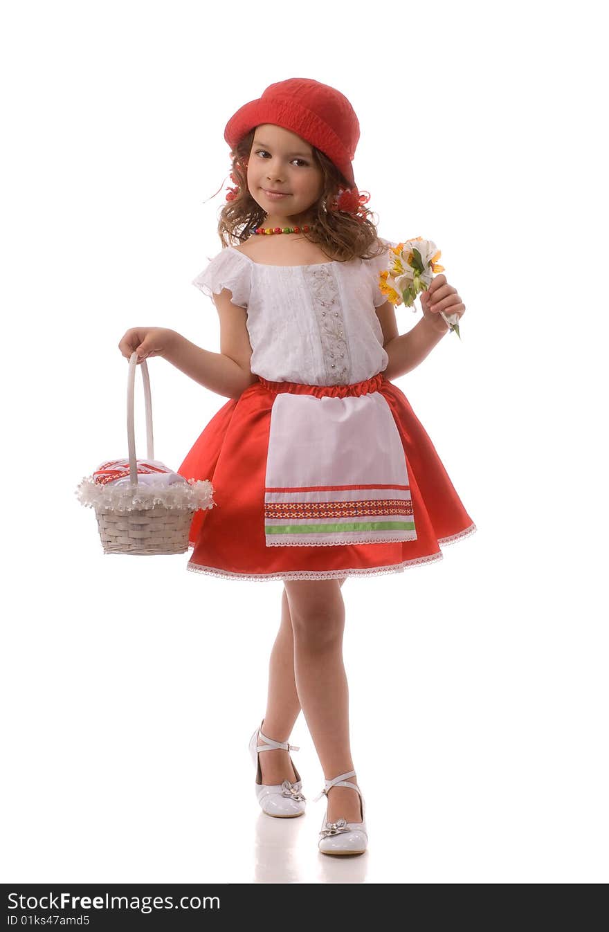 Little girl in a red dress and hat holds basket and flowers. Little girl in a red dress and hat holds basket and flowers