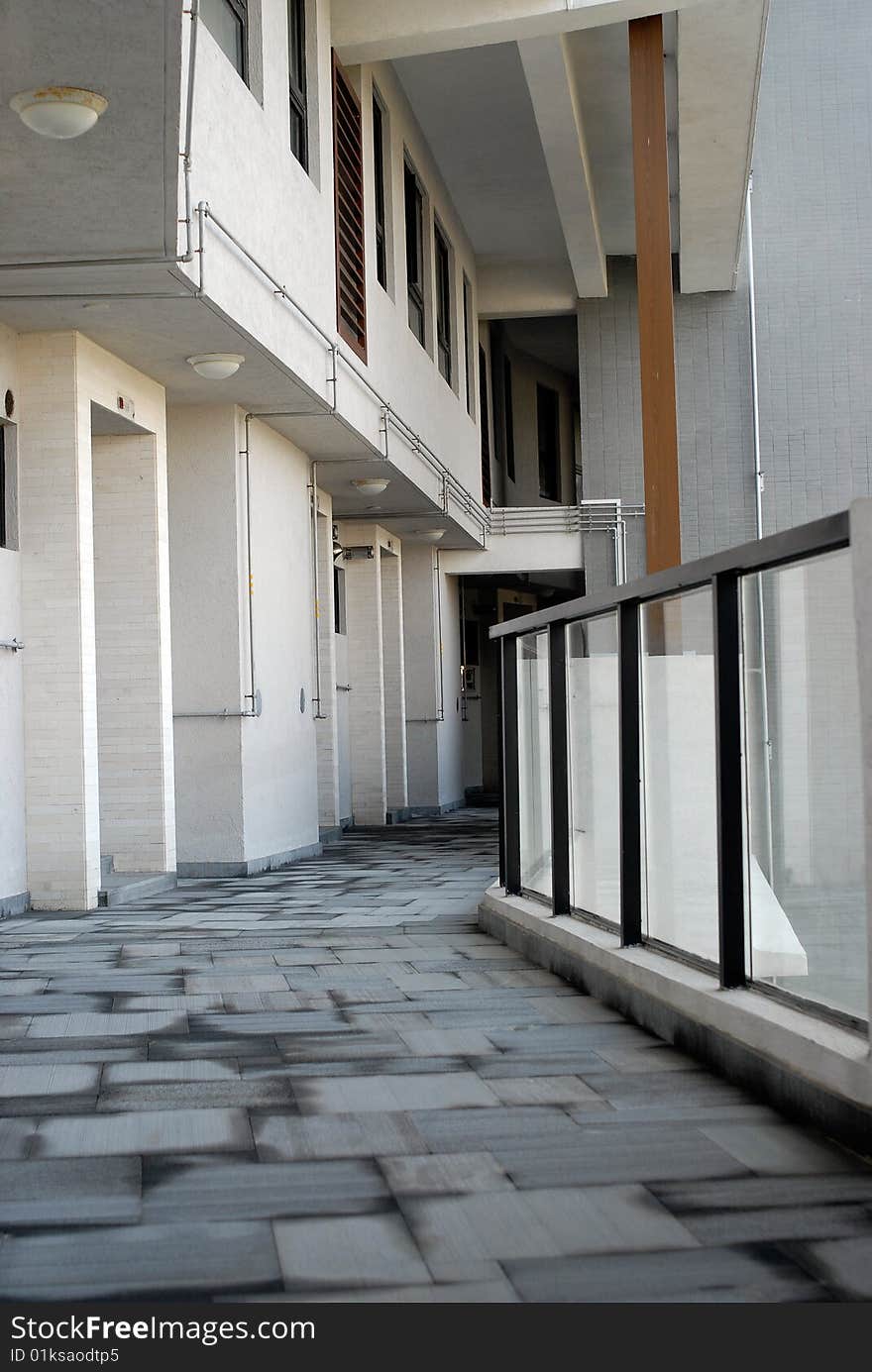 Walkway corridor by flats. modern building