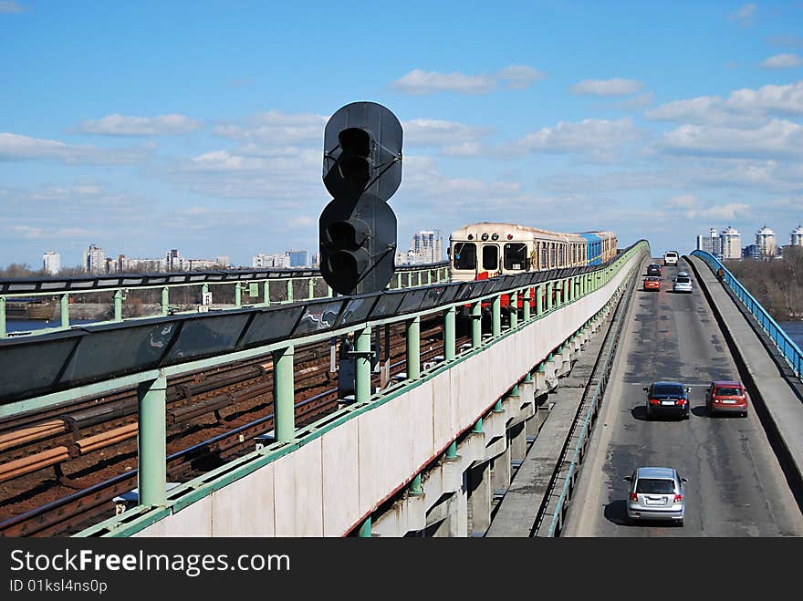 Subway and automobile bridge cross the river. Subway and automobile bridge cross the river