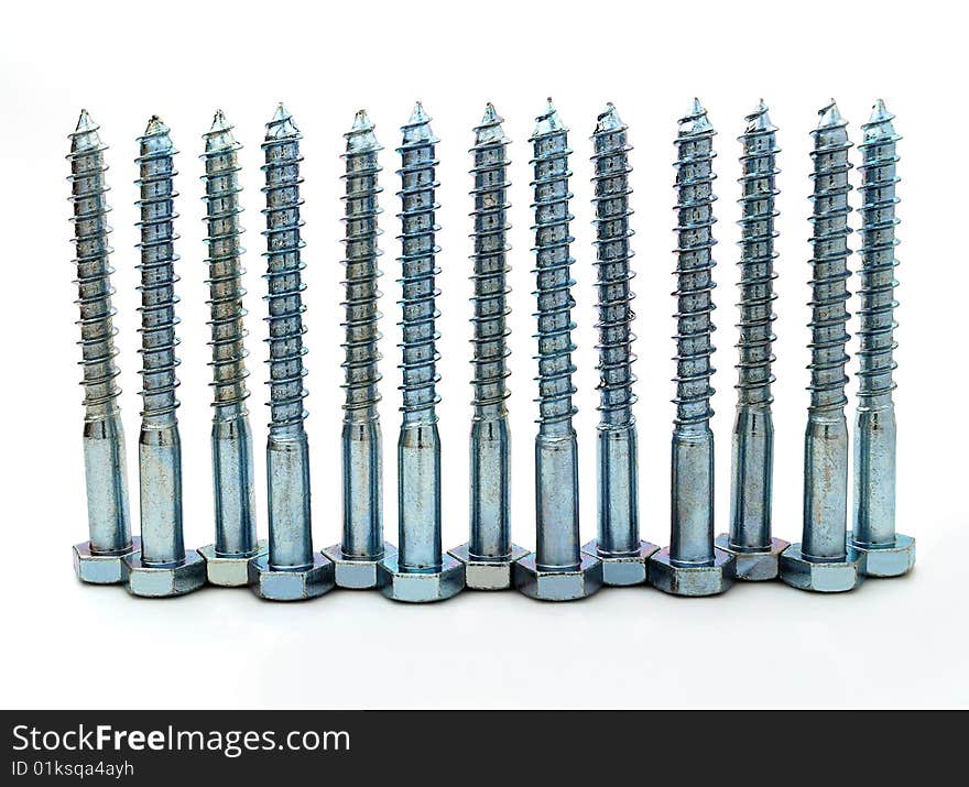 Thirteen brilliant metal screws on a white background