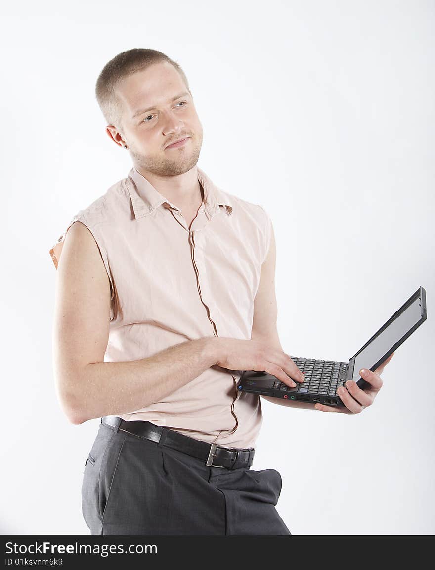 Smiling man in shirt with notebook