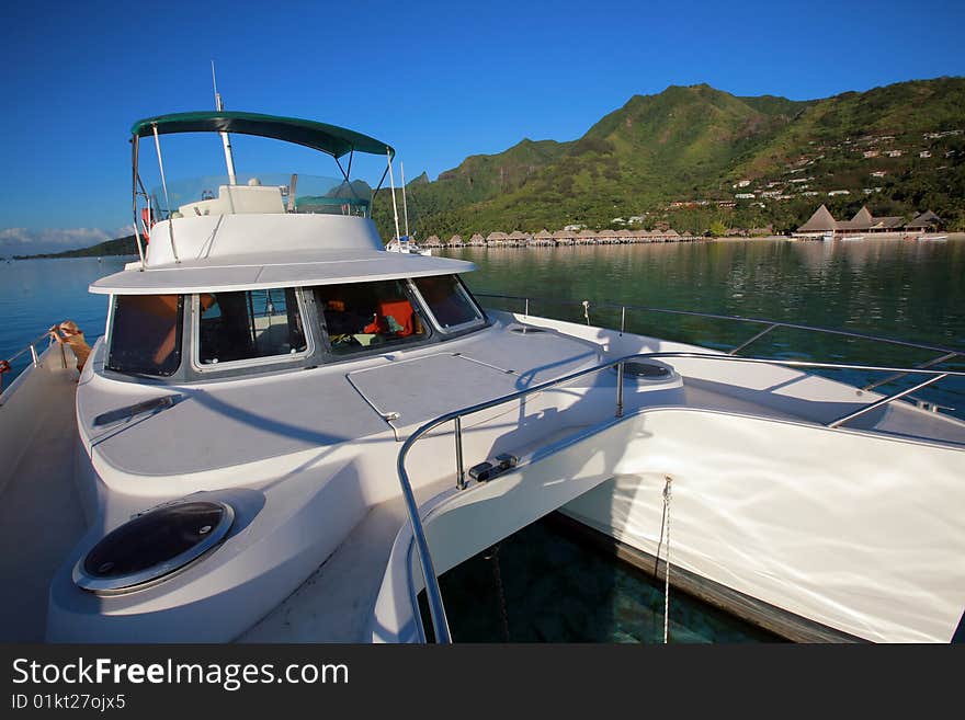 Power catamaran on lagoon