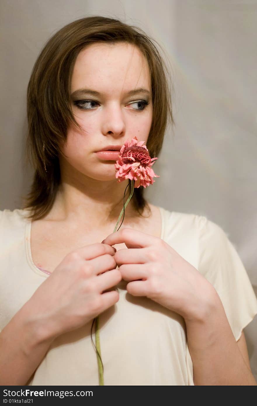 Girl and beautiful flower - pink gerber. Girl and beautiful flower - pink gerber