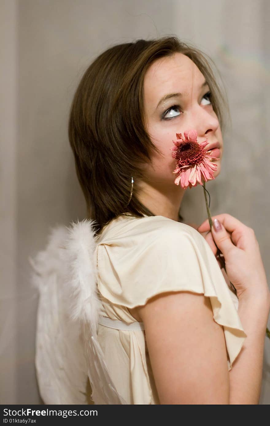 Girl and beautiful flower - pink gerber. Girl and beautiful flower - pink gerber