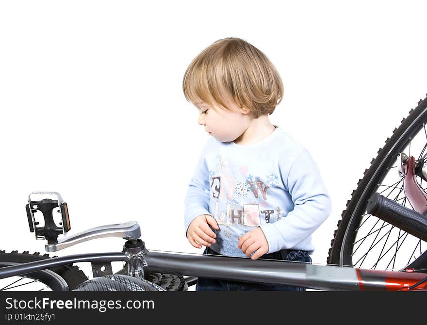 Bicycle and baby on whita background