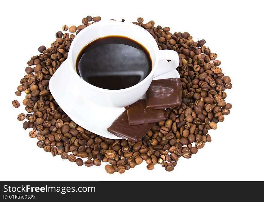 Aromatic sweet coffee in white background