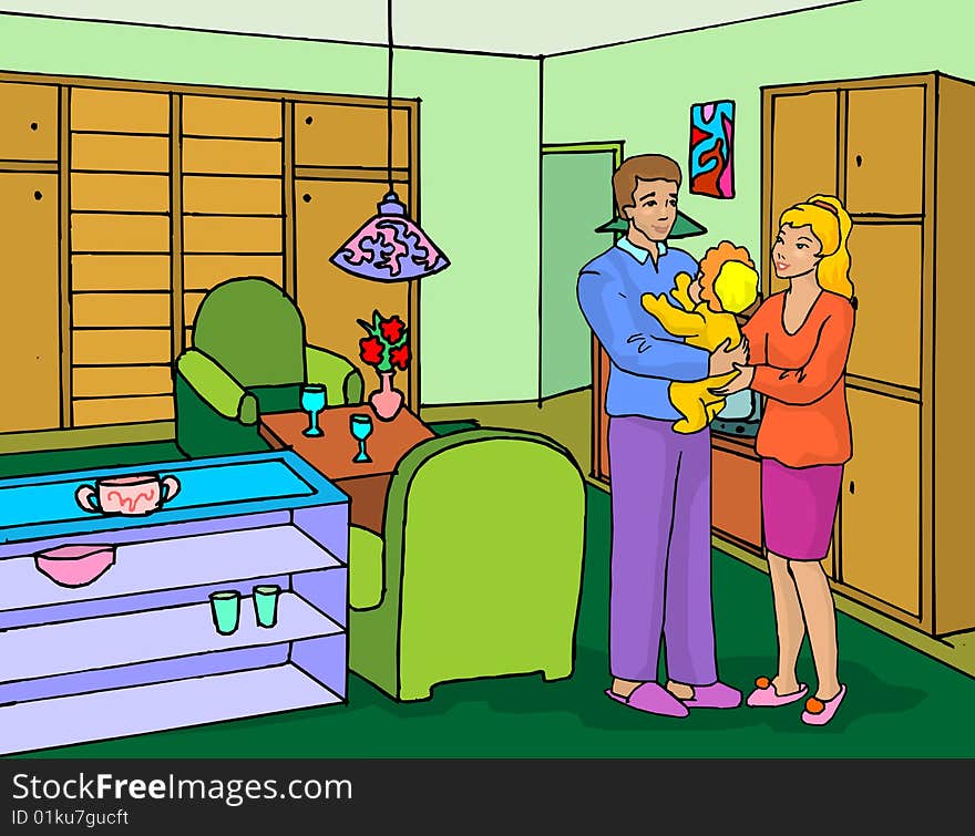 Illustration of  happy family on living room