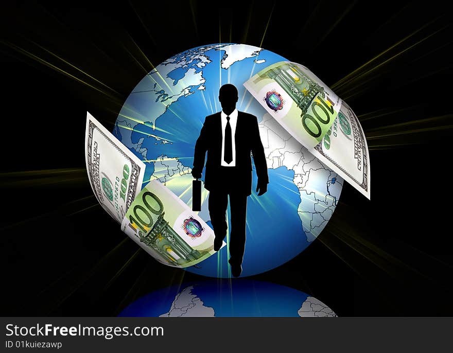 Businessman silhouette dollar & euro around a planet on black background. Businessman silhouette dollar & euro around a planet on black background