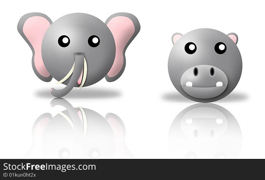 Animals icons - elephant and hippopotamus. white background and reflection. Animals icons - elephant and hippopotamus. white background and reflection