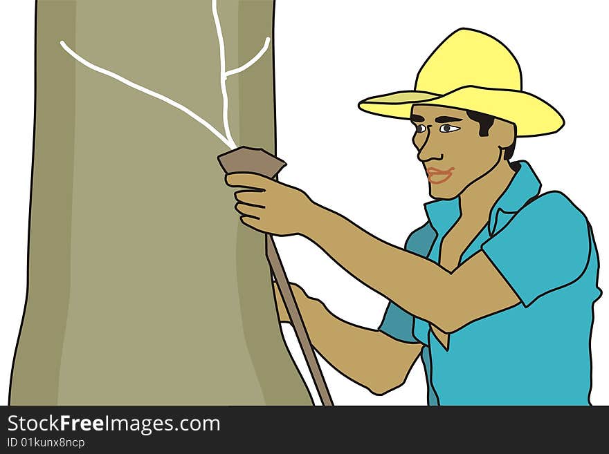 Art illustration of a rubber tapper in a forest