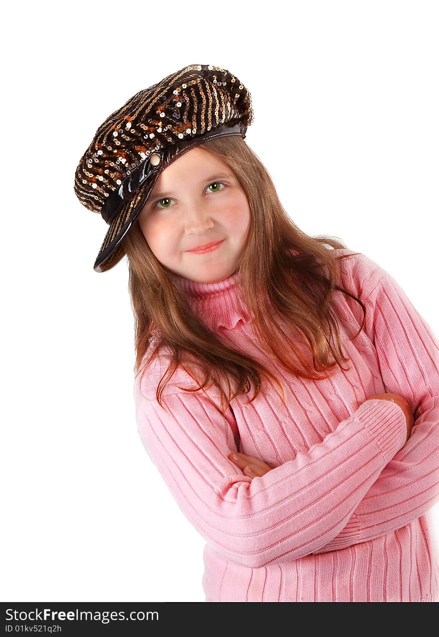 Girl on pink sweeter and shiny brown hat