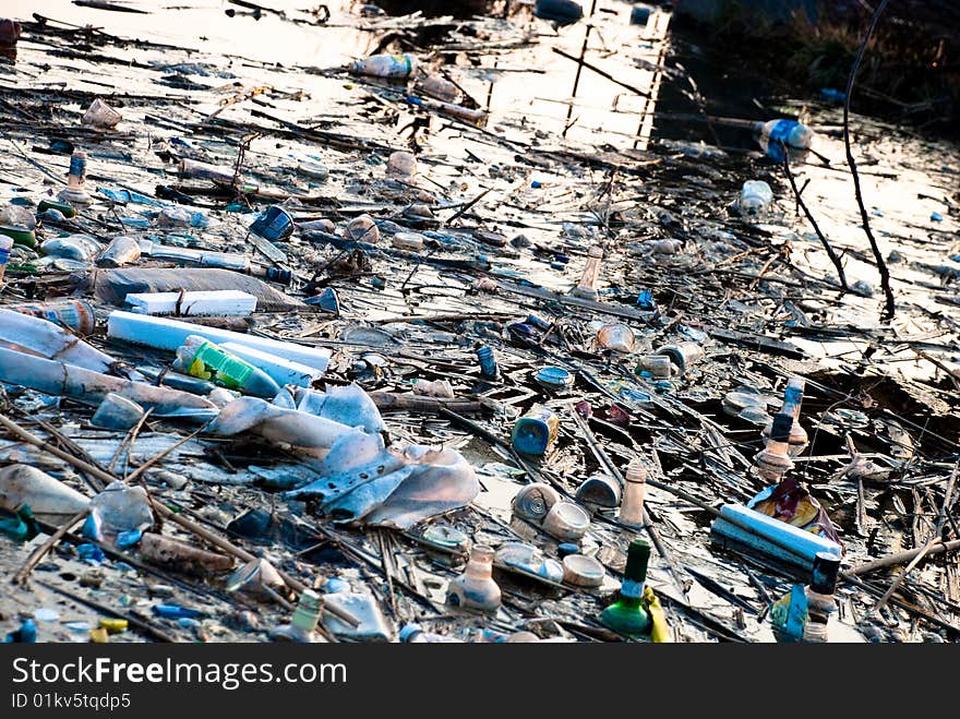 Trash in the lake at spring season