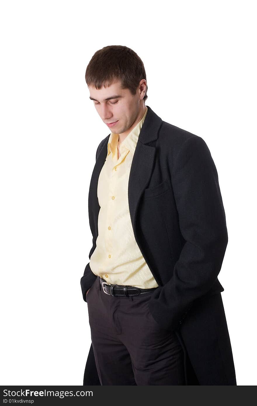 Young man in topcoat isolated over white