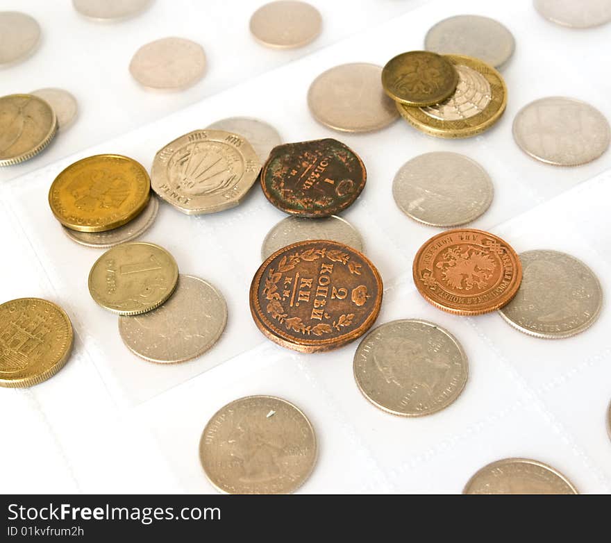 Old coins collection isolated on white background