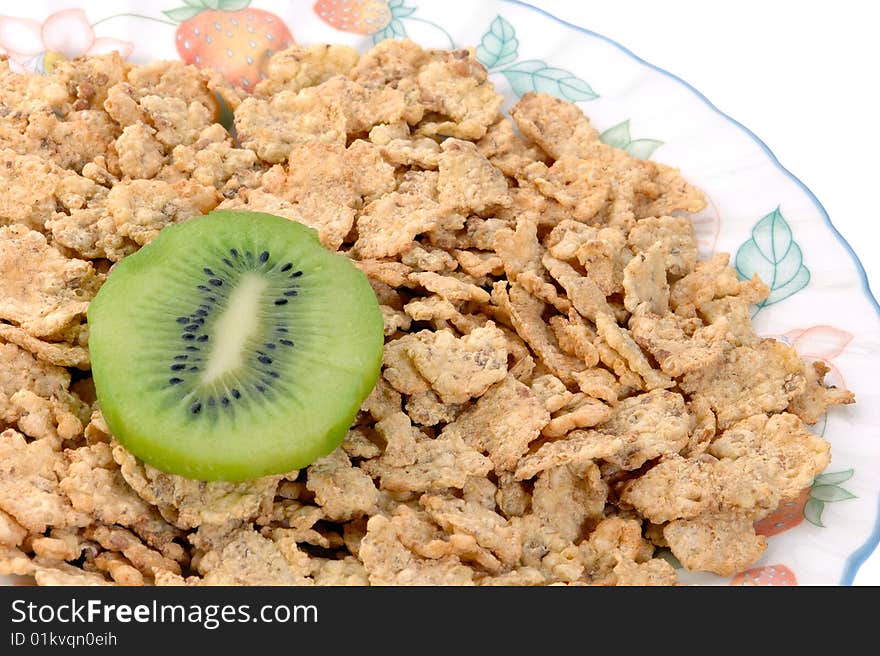 Breakfast cornflakes and fruit