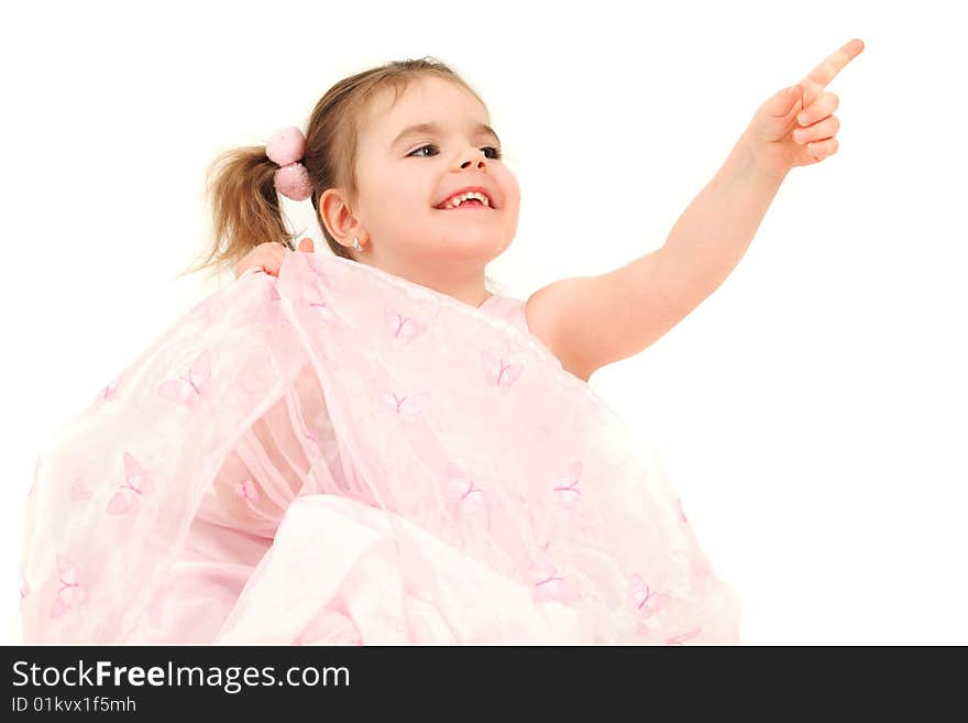 Little girl in pink princess dress pointing finger