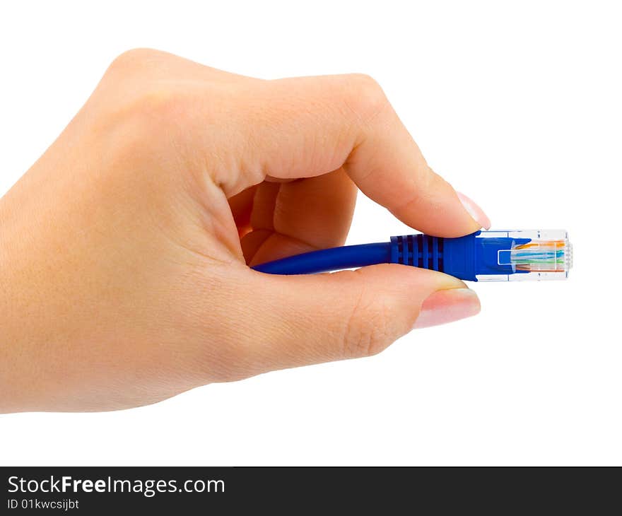 Computer cable in hand isolated on white background