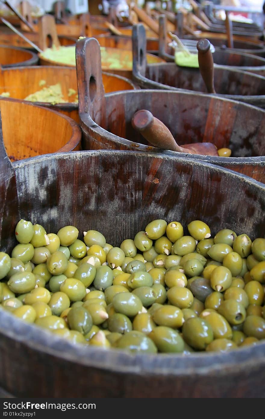 Olives In A Wooden Barrel