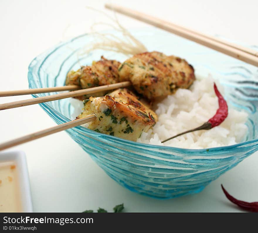 Fresh asian sate meat with coriander and lemon grass. Fresh asian sate meat with coriander and lemon grass