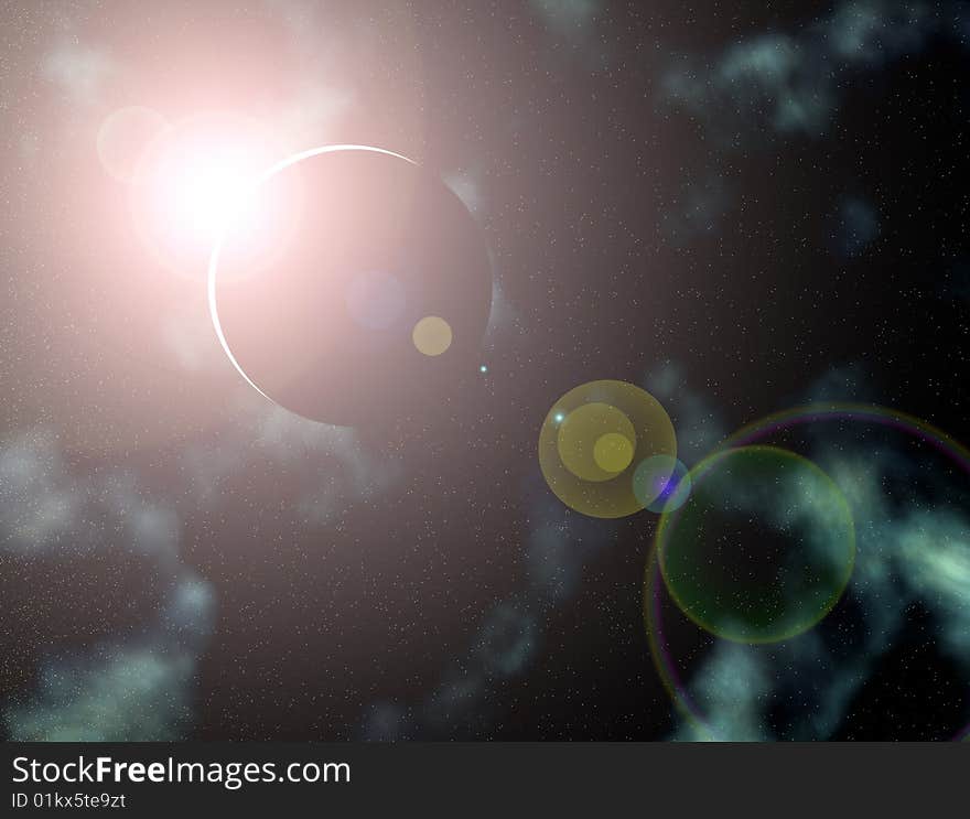 Simulated sun rising over planet in space. Simulated sun rising over planet in space