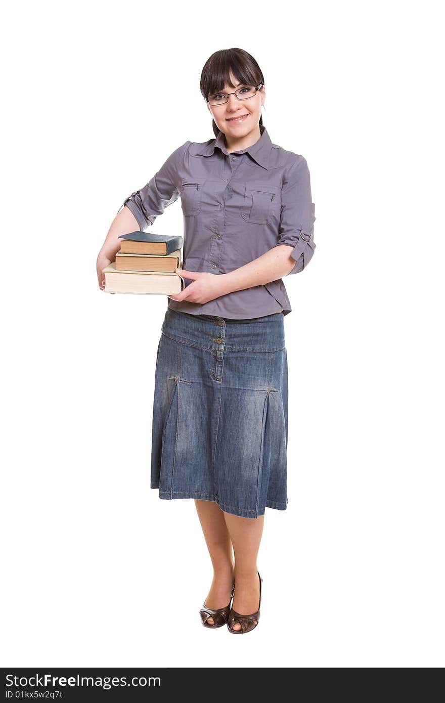 Happy brunette woman with books. over white background. Happy brunette woman with books. over white background