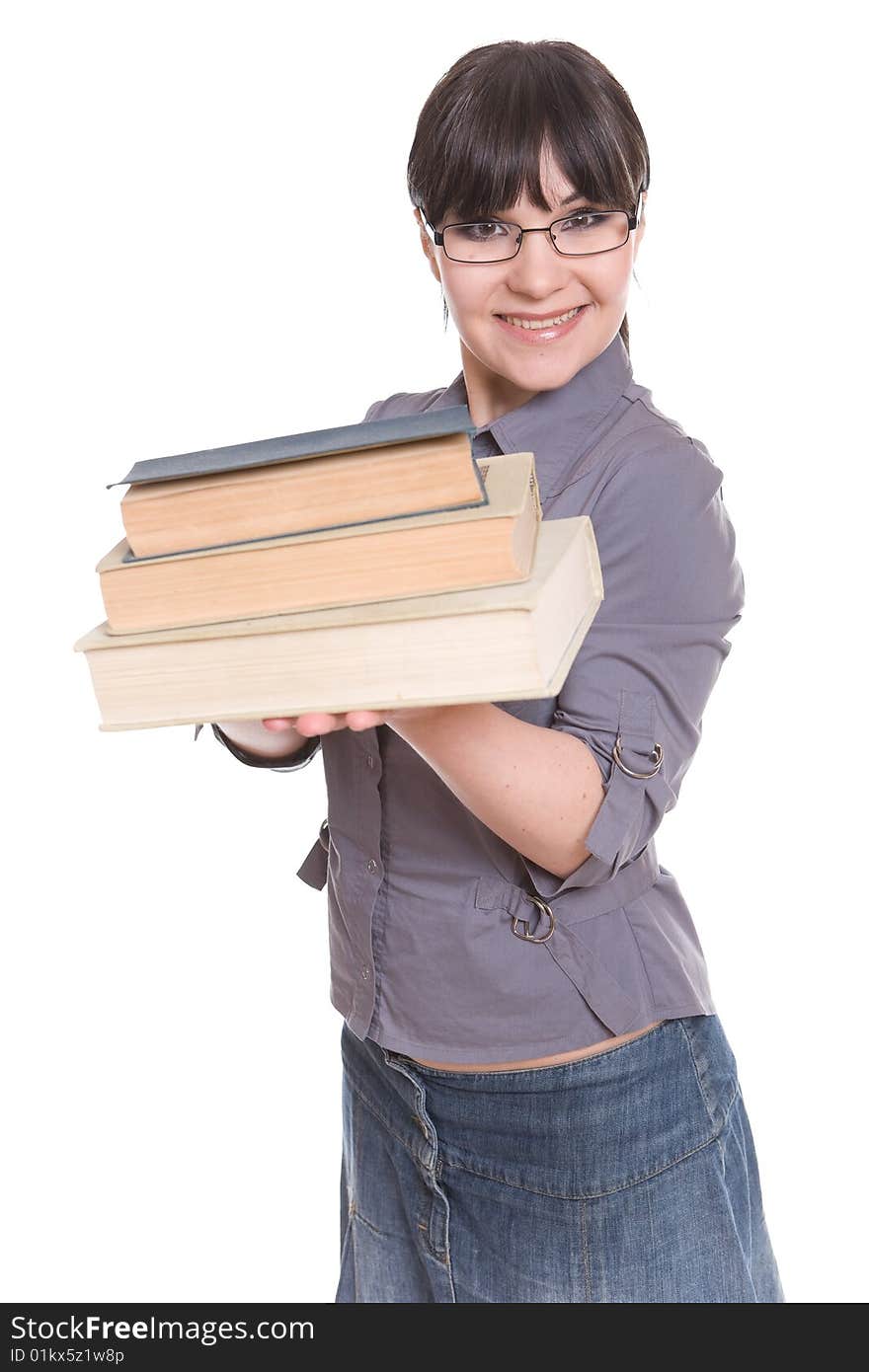 Happy brunette woman with books. over white background. Happy brunette woman with books. over white background