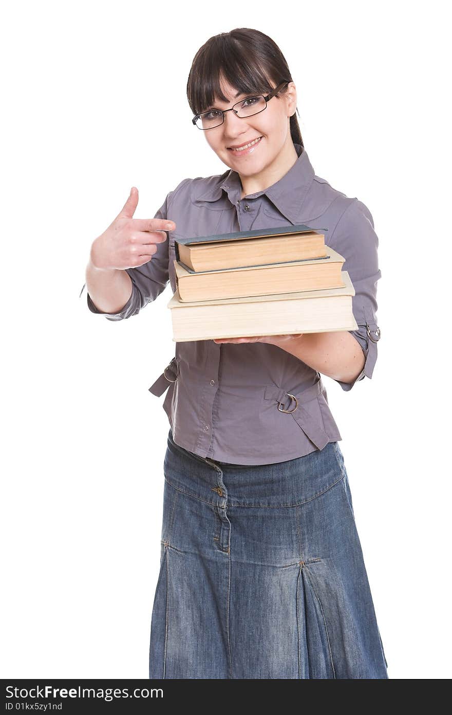 Happy brunette woman with books. over white background. Happy brunette woman with books. over white background