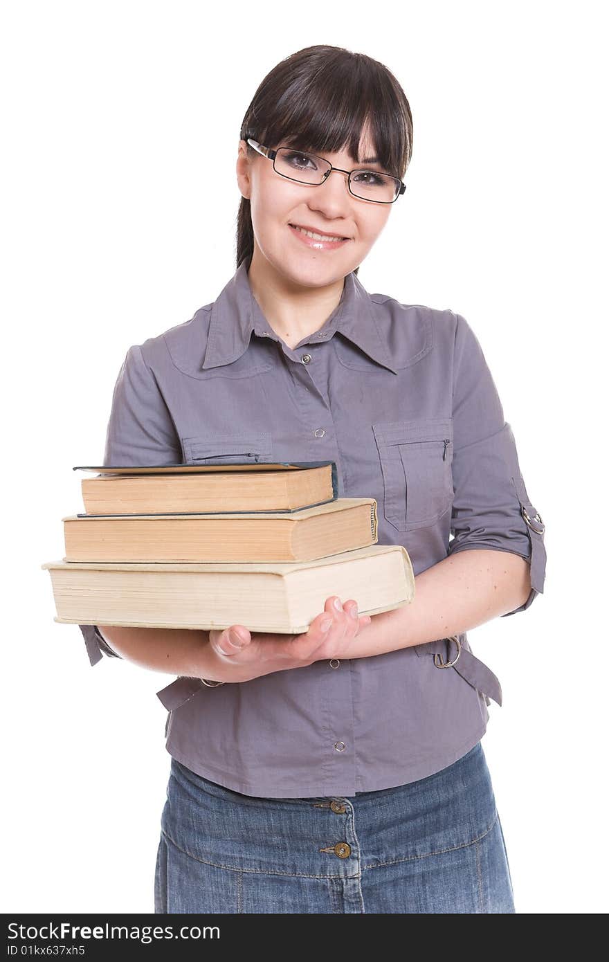 Happy brunette woman with books. over white background. Happy brunette woman with books. over white background