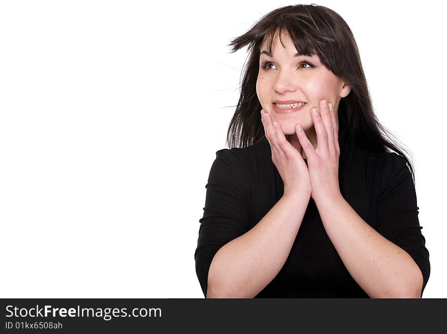 Happy brunette fashion woman . over white background. Happy brunette fashion woman . over white background