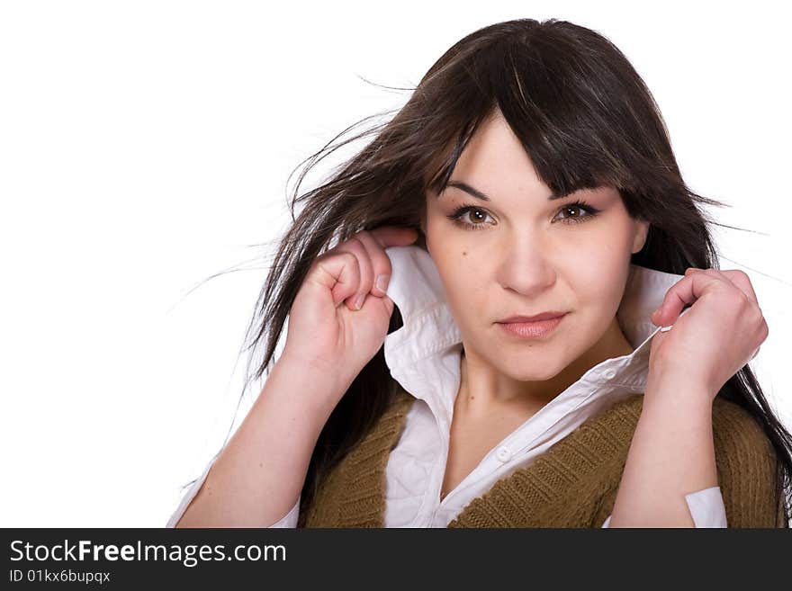 Happy brunette fashion woman . over white background. Happy brunette fashion woman . over white background