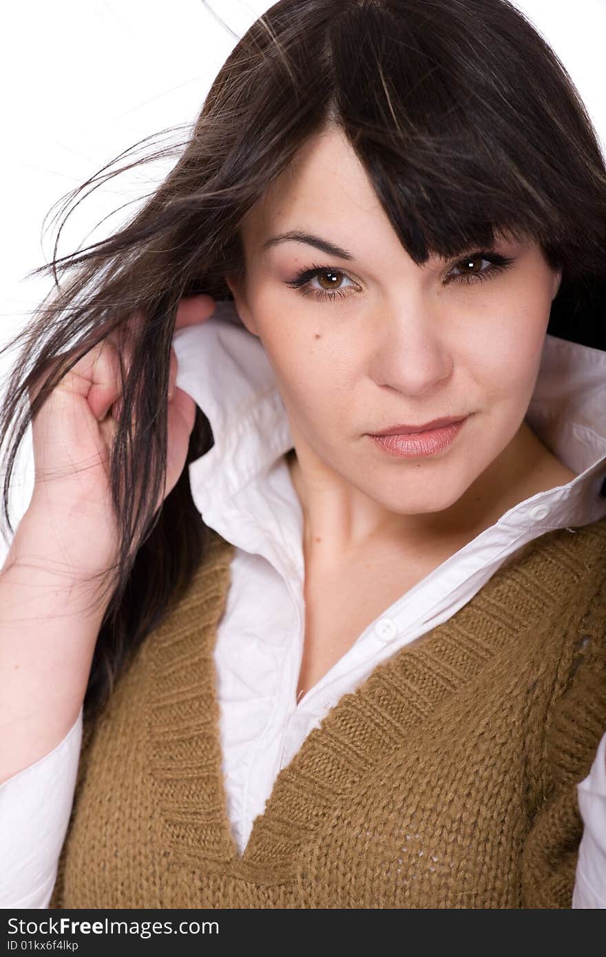 Happy brunette fashion woman . over white background. Happy brunette fashion woman . over white background