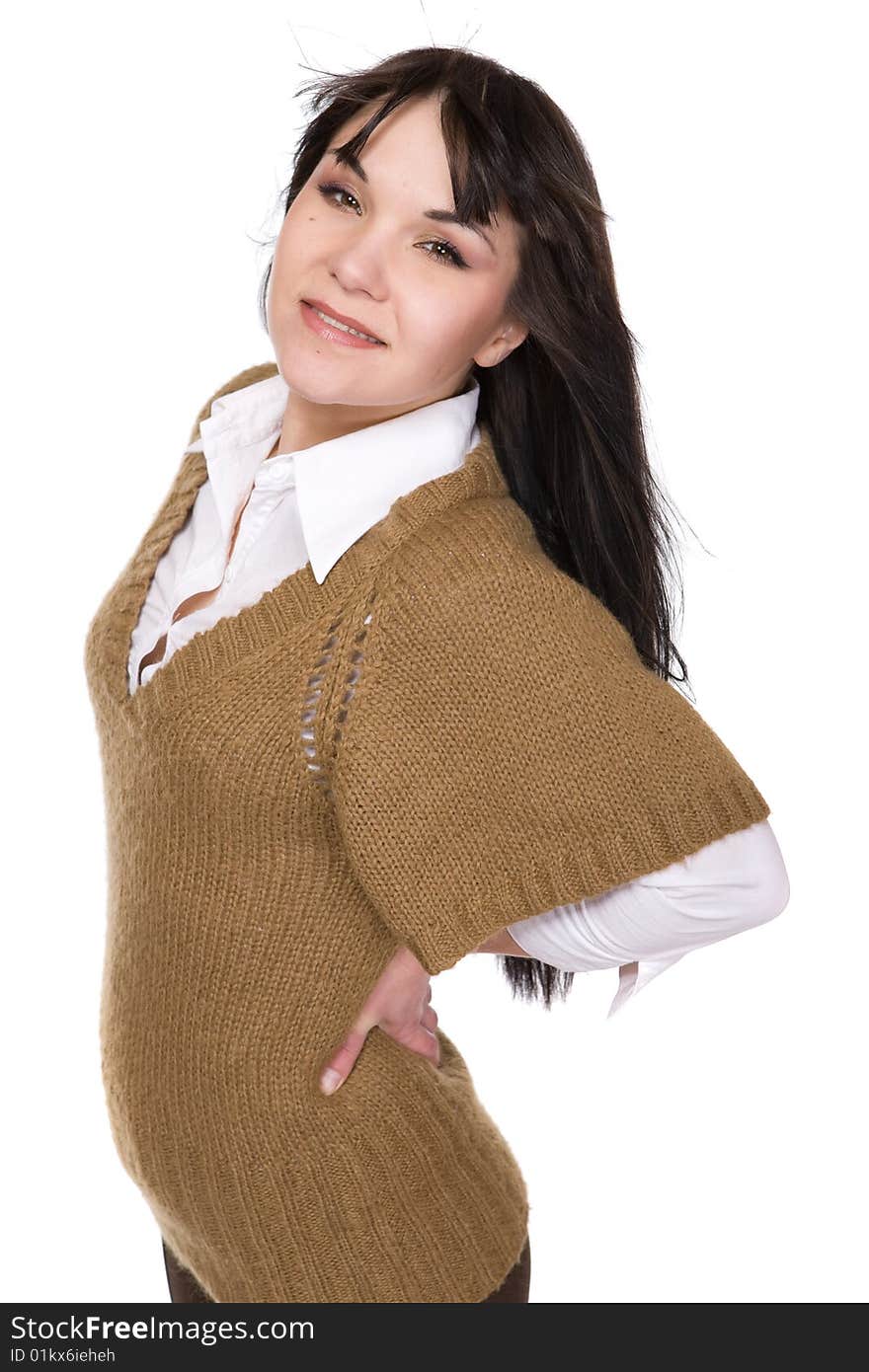 Happy brunette fashion woman . over white background. Happy brunette fashion woman . over white background