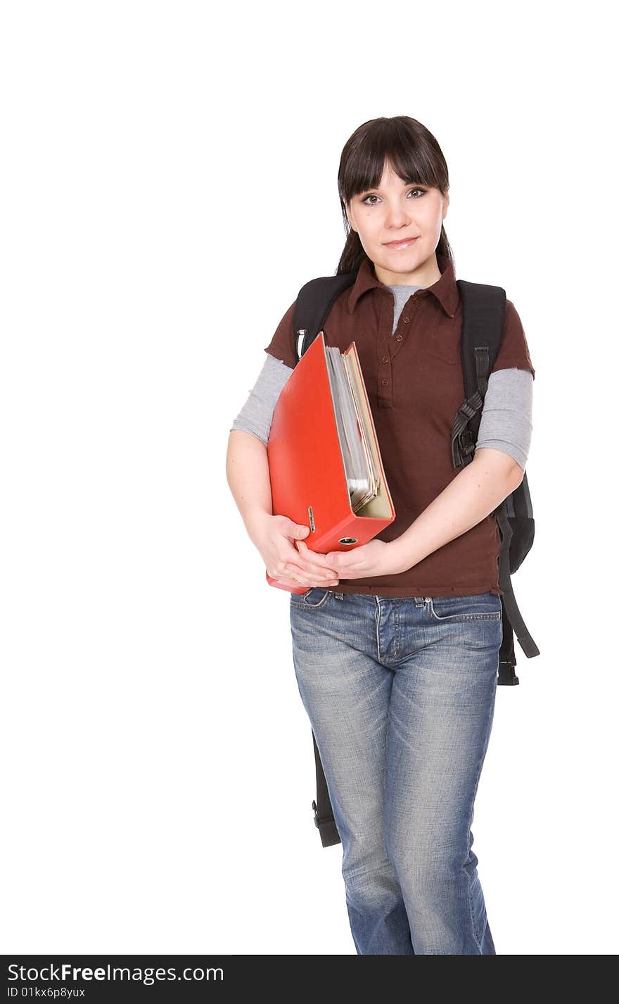 Happy brunette student woman. over white background