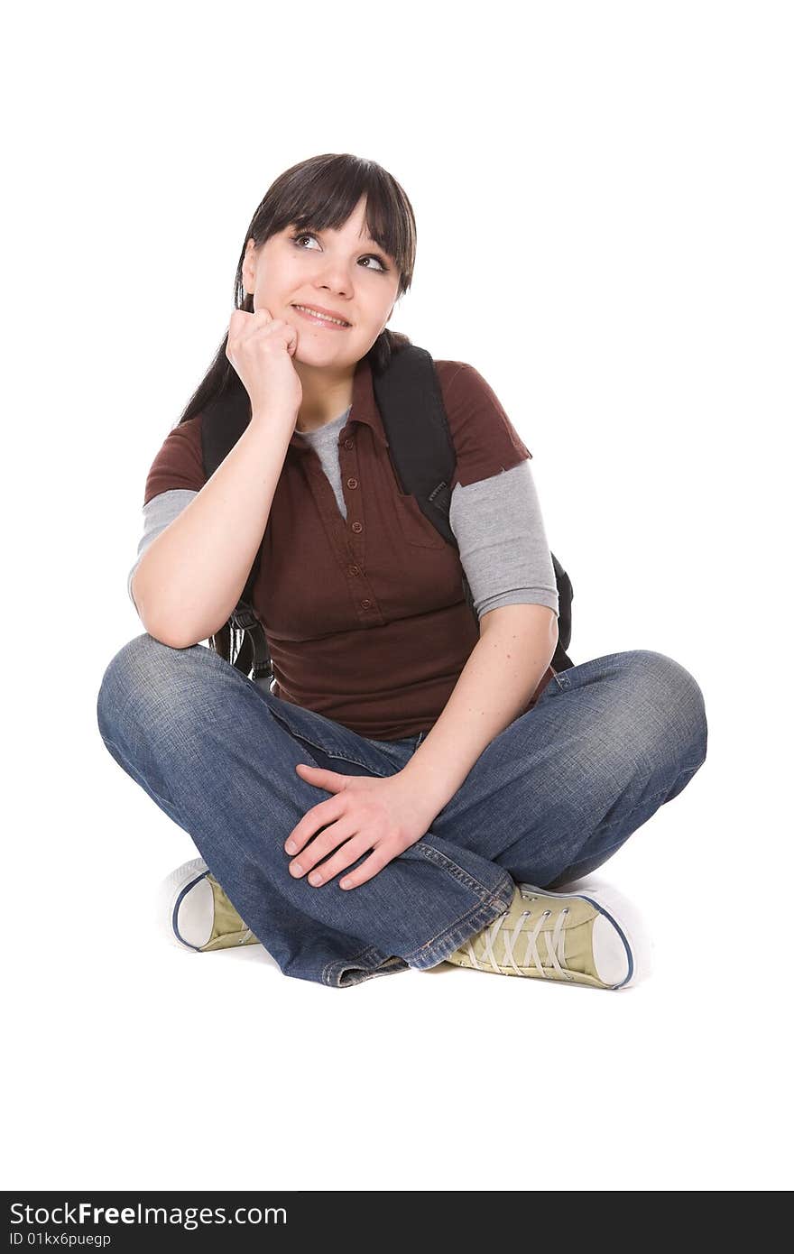 Happy brunette student woman. over white background