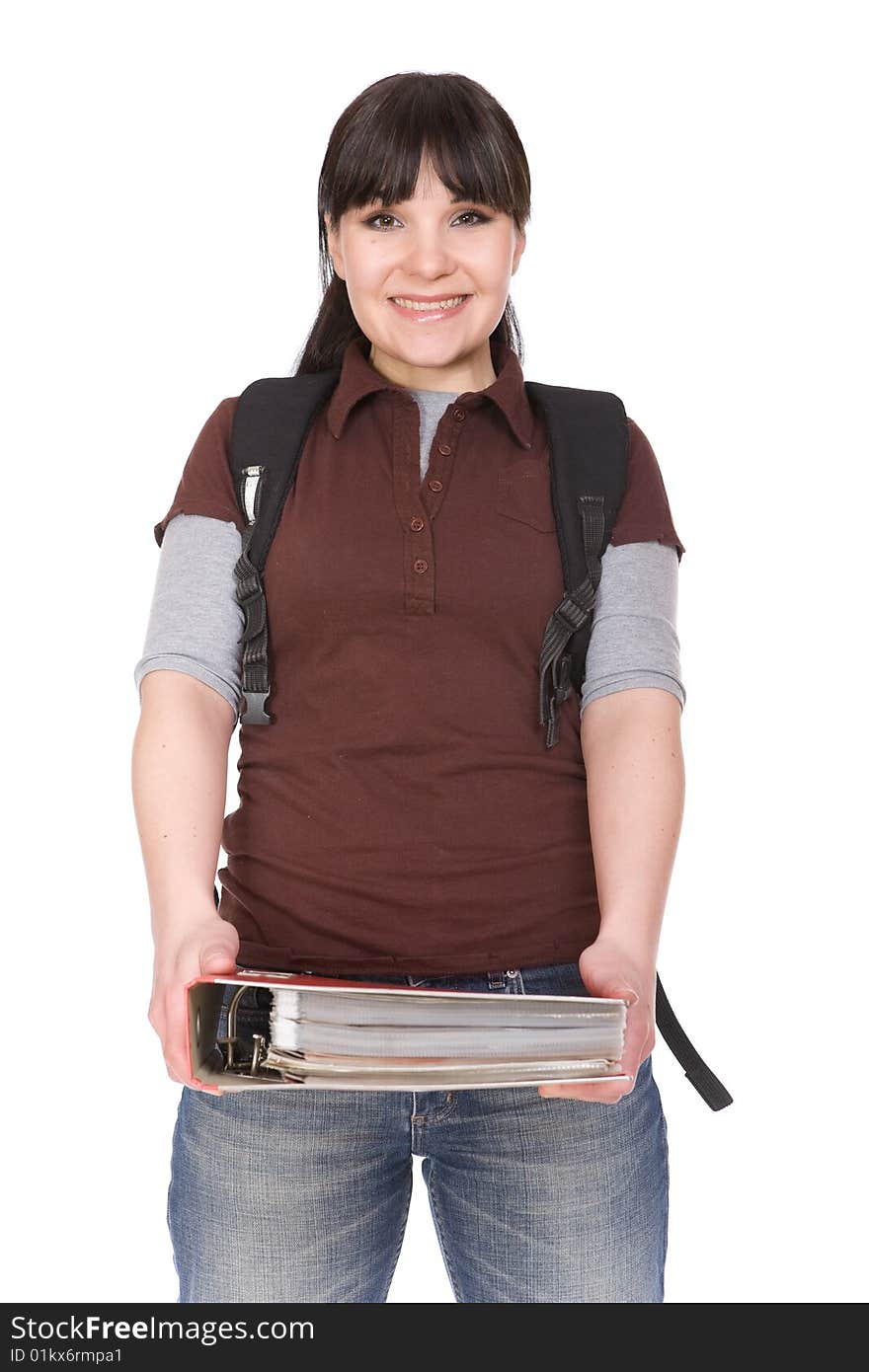 Happy brunette student woman. over white background