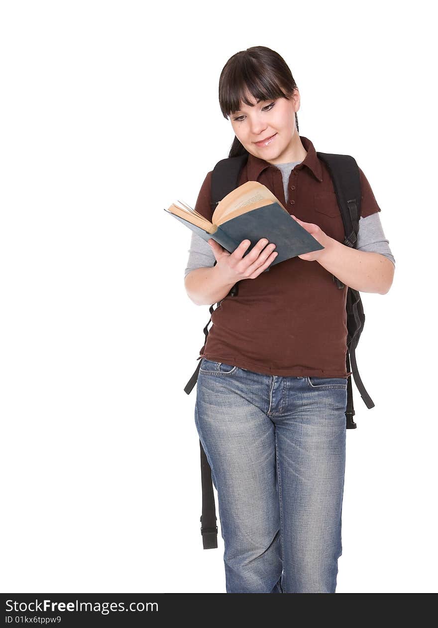 Happy brunette student woman. over white background