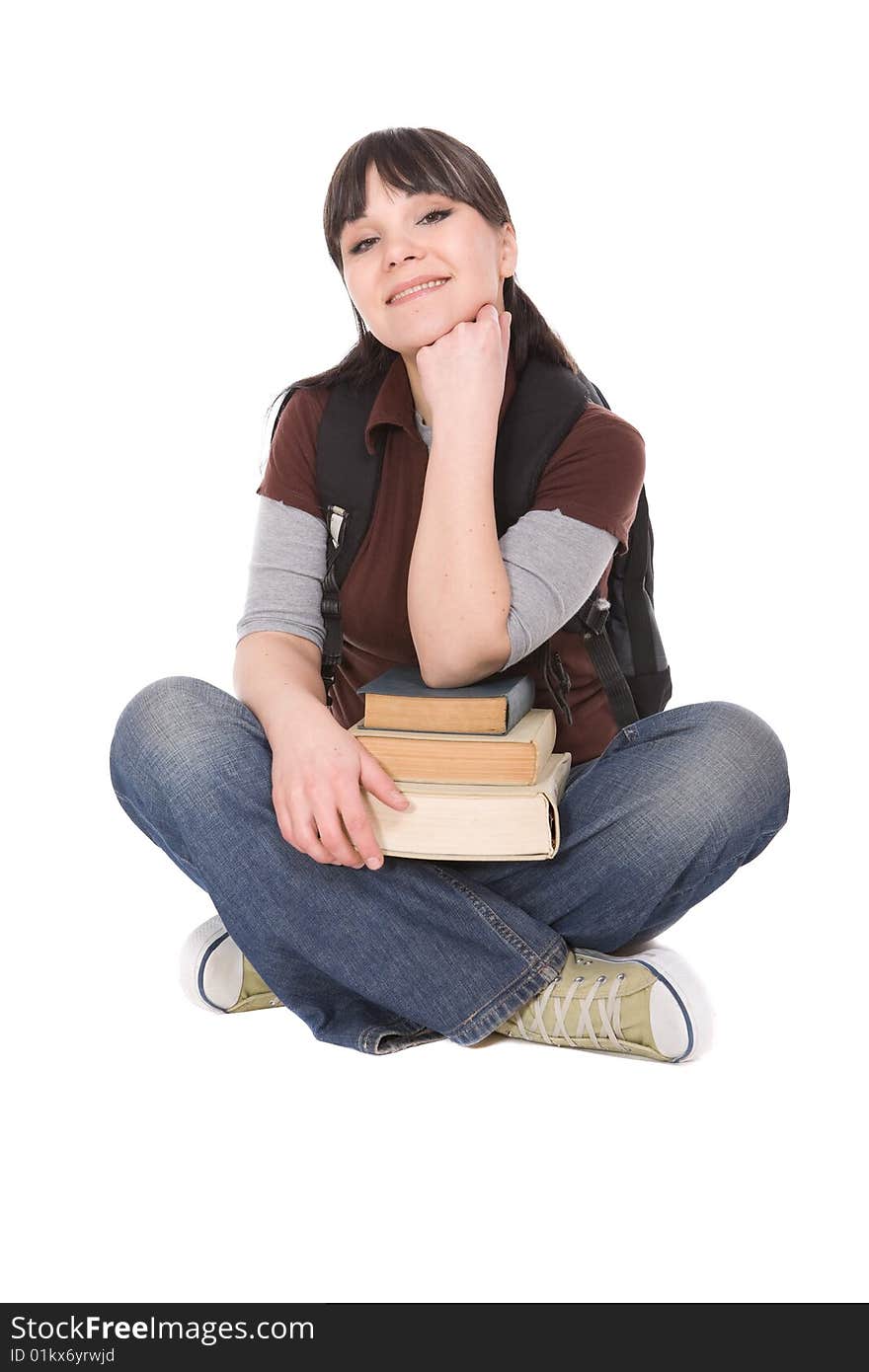 Happy brunette student woman. over white background