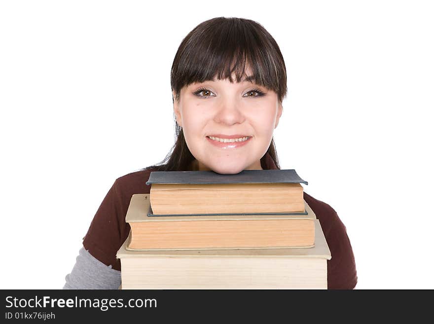 Happy brunette woman with books. over white background. Happy brunette woman with books. over white background