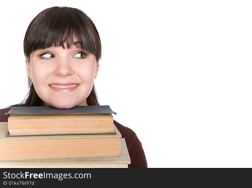 Happy brunette woman with books. over white background. Happy brunette woman with books. over white background