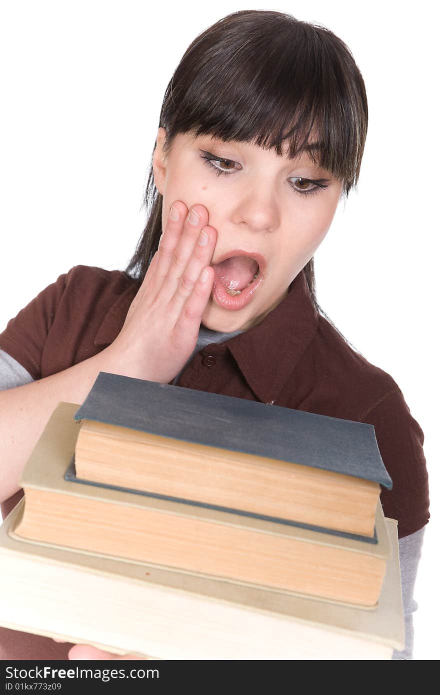 Happy brunette woman with books. over white background. Happy brunette woman with books. over white background