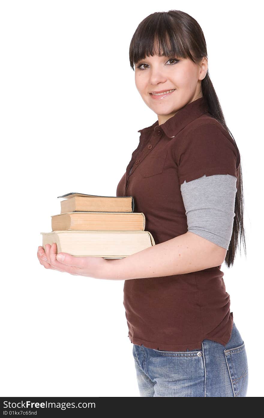 Happy brunette woman with books. over white background. Happy brunette woman with books. over white background