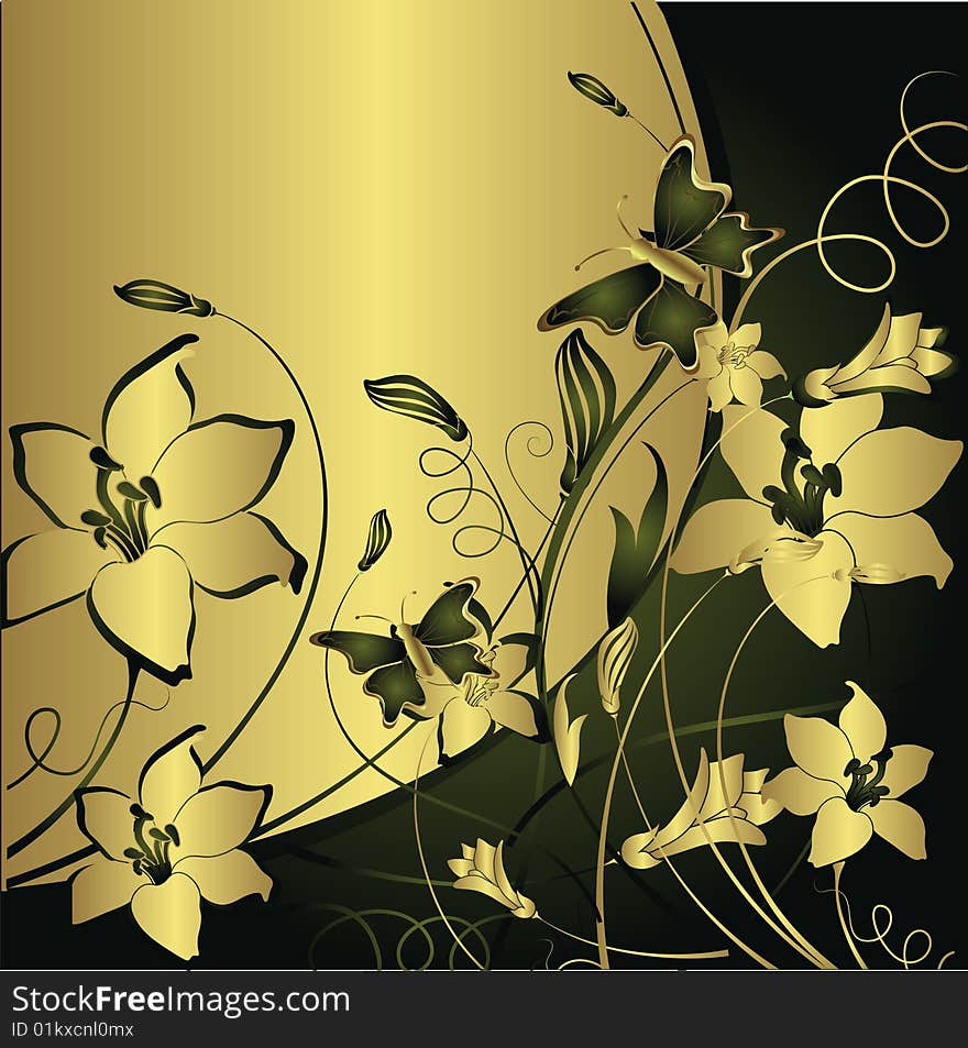 The stylised flowers and leaves with flying butterflies on a gold and green background. The stylised flowers and leaves with flying butterflies on a gold and green background