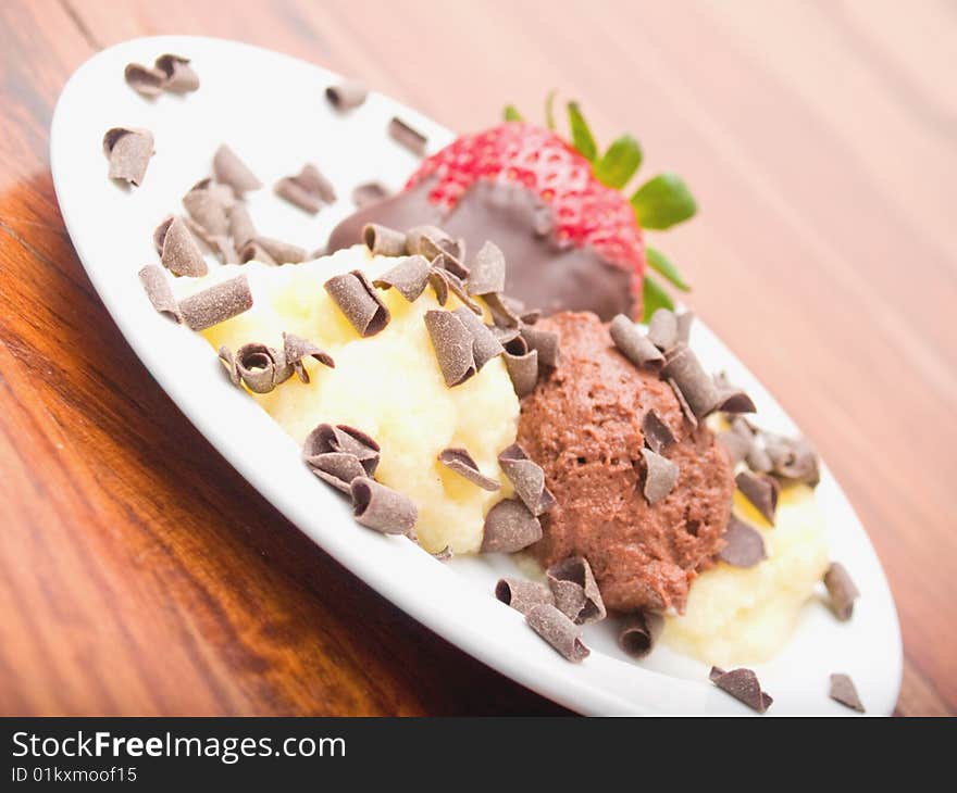 Delicious icecream dessert on white plate