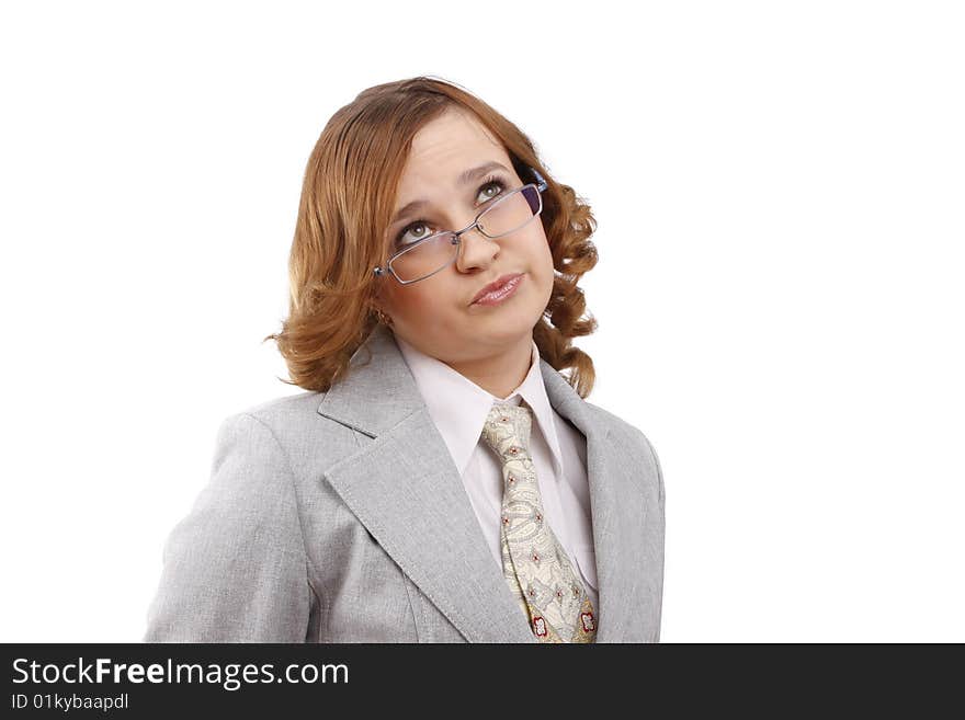 Successful business woman is thinking about something. Beautiful girl wear glasses. Business lady. Isolated over white background. Successful business woman is thinking about something. Beautiful girl wear glasses. Business lady. Isolated over white background.