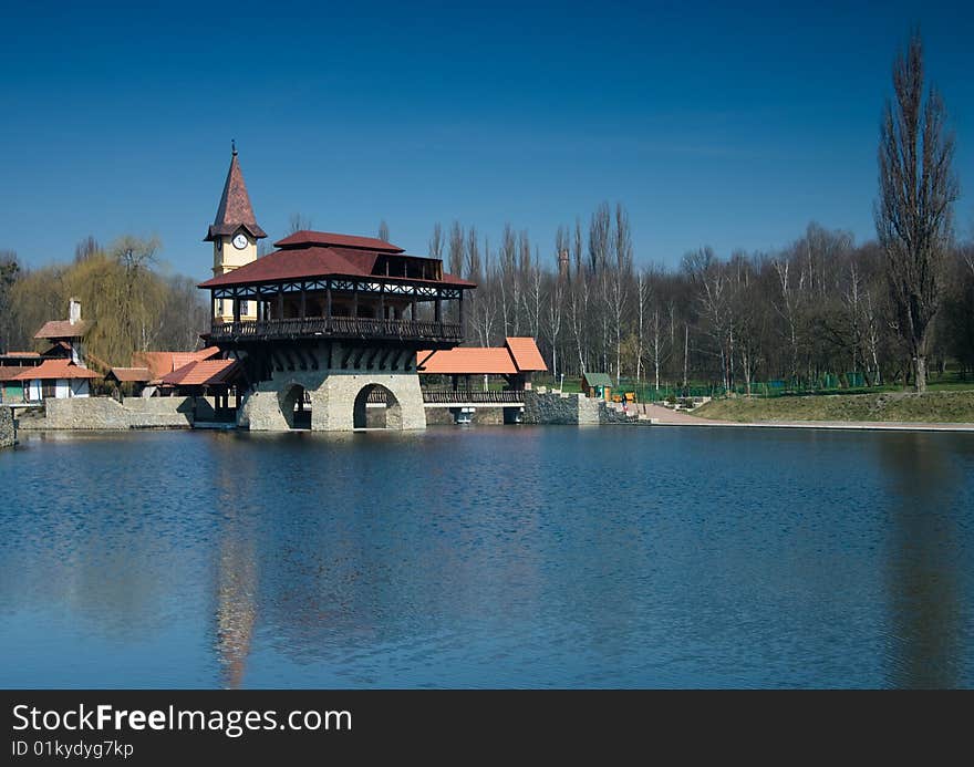 Landscape photo of tower on lake