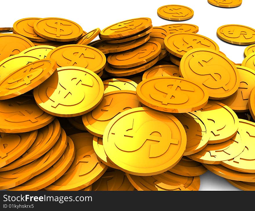 3d illustration of coins heap over white background. 3d illustration of coins heap over white background