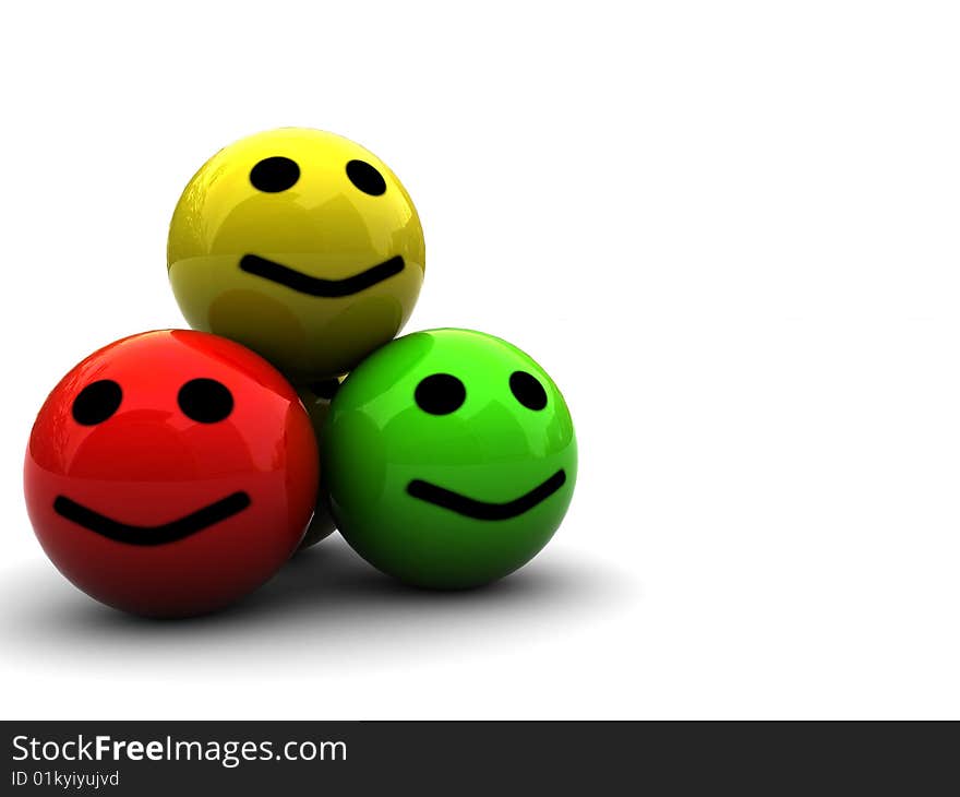 Abstract 3d illustration of three colorful smileys over white background. Abstract 3d illustration of three colorful smileys over white background