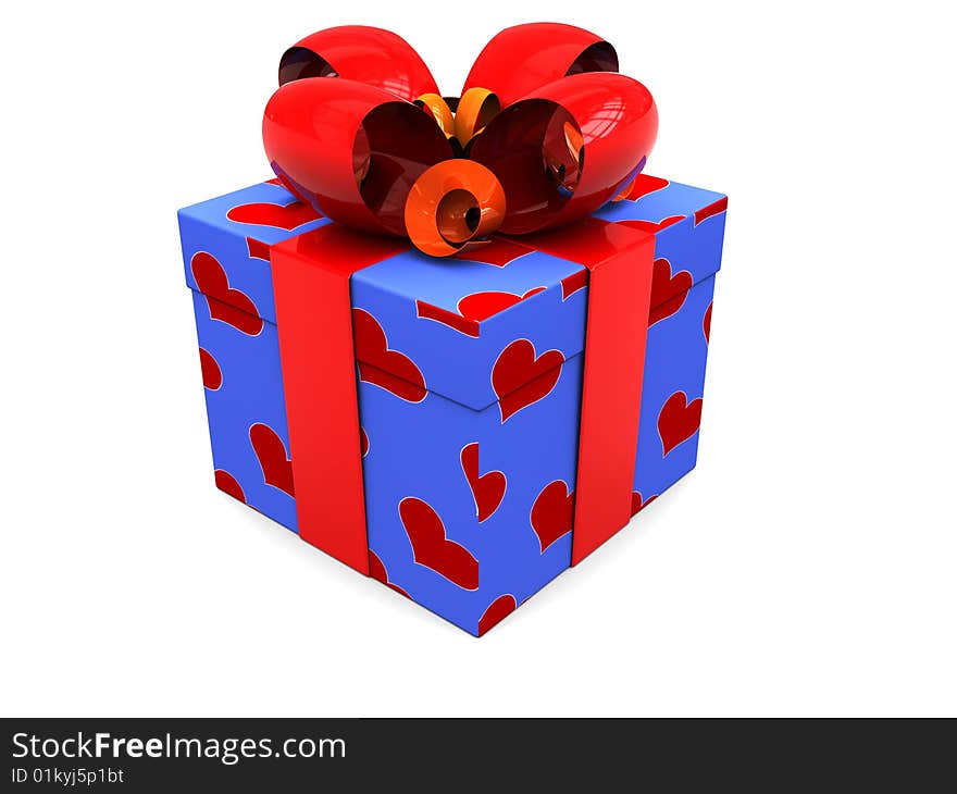 3d illustration of blue present box with red ribbons