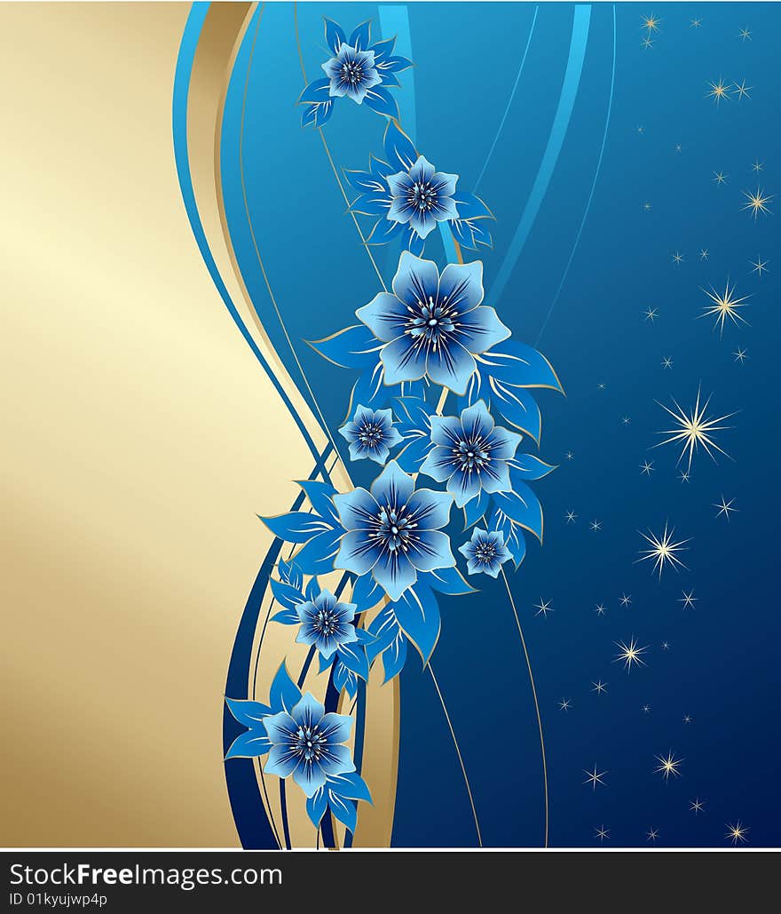 Abstract blue flowers on gold and blue background with stars, vector, illustration. Abstract blue flowers on gold and blue background with stars, vector, illustration