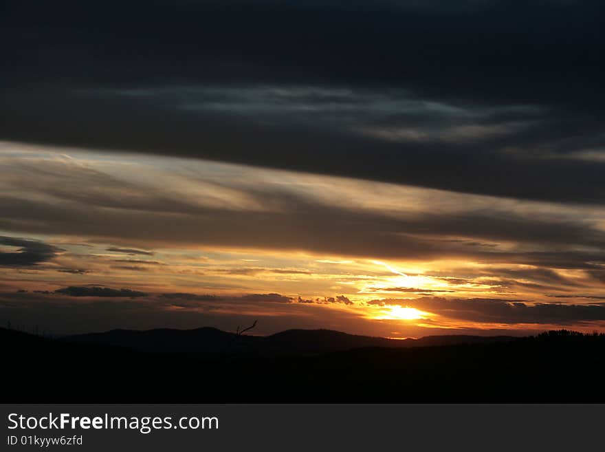 Sunset above the Prairie seen from the Black Hills in South Dakota